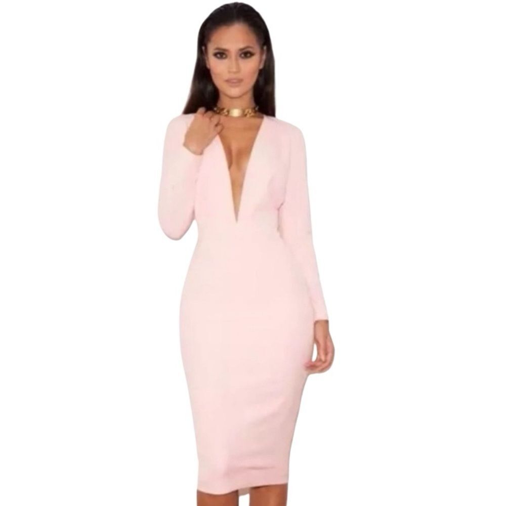 HOUSE OF CB Pink Bodycon Dress Dominique Plunging V Neckline Zipper Size Small